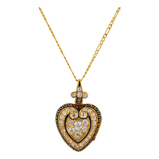 1900-1909 Victorian Old Mine Cut Diamond 18k Yellow Gold Enamel Heart Locket Pendant For Sale