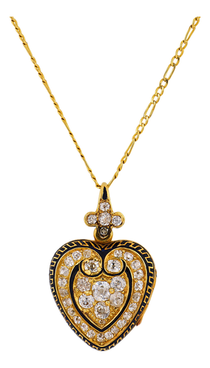 1900-1909 Victorian Old Mine Cut Diamond 18k Yellow Gold Enamel Heart Locket Pendant