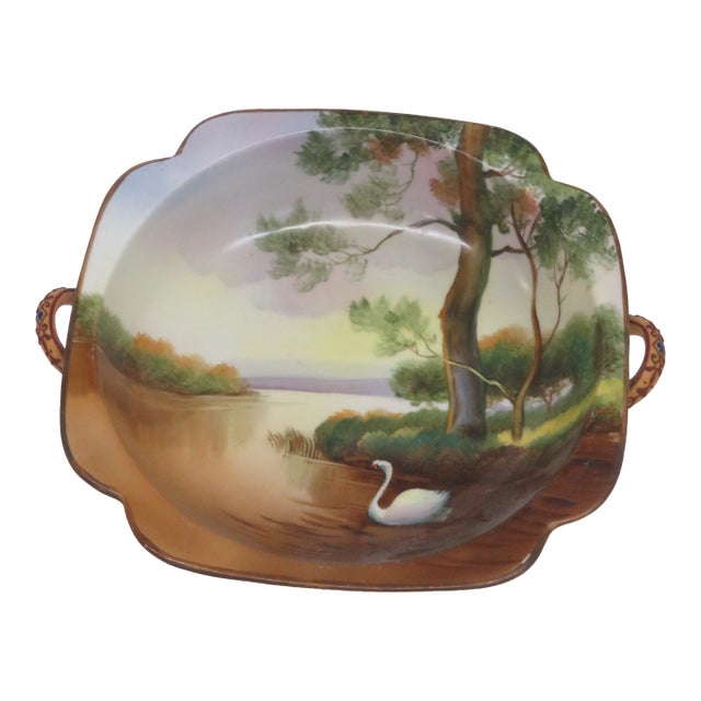 Morimura Noritake Nippon Bowl Hand Painted Swan Lake Scene With Handles 4533b For Sale