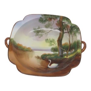 Morimura Noritake Nippon Bowl Hand Painted Swan Lake Scene With Handles 4533b
