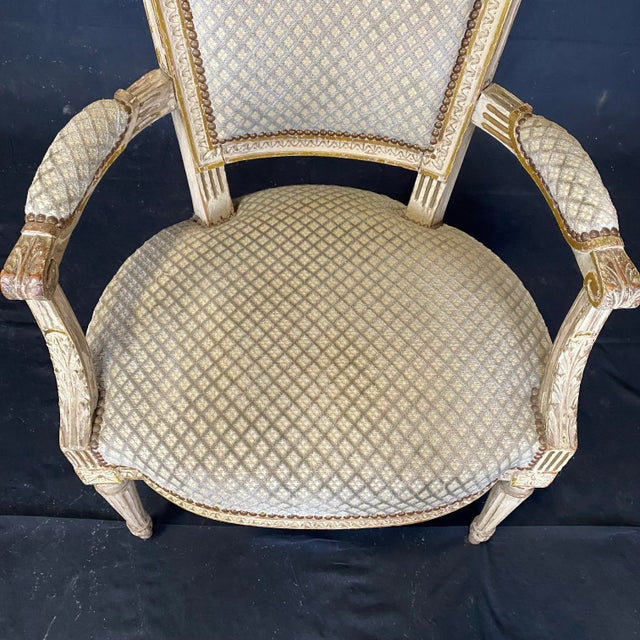 Antique White French Louis XVI 19th Century Armchairs -A Pair For Sale - Image 8 of 13