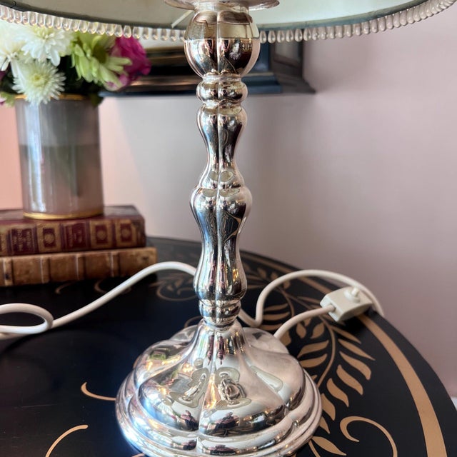 Pair of vintage silverplate candlestick lamps with original silk shades with bead trim // Euro fitter lamp shades // elegant pair of lamps For Sale - Image 4 of 10