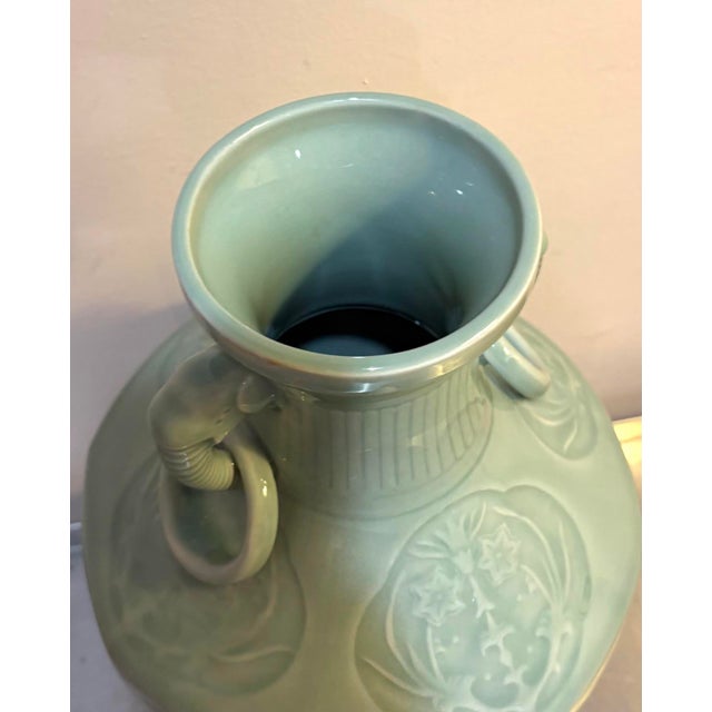 Chinese Celadon Porcelain Elephant Head Vase W/ Wood Stand For Sale - Image 4 of 7
