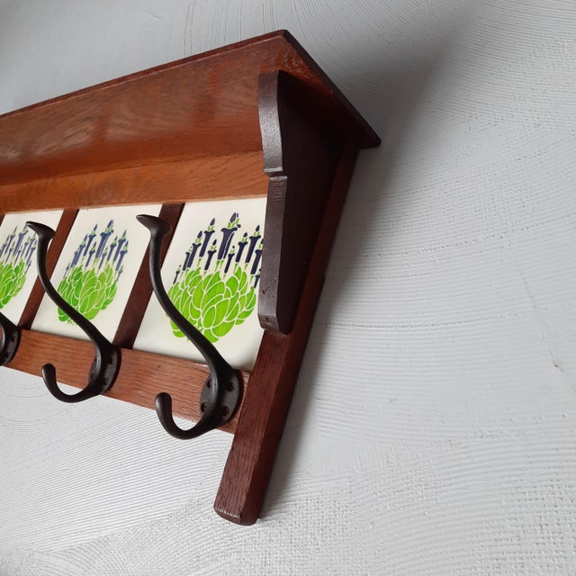 Antique Art Nouveau Wall Mounted Coat Rack with Tiles, 1900 For Sale - Image 4 of 6