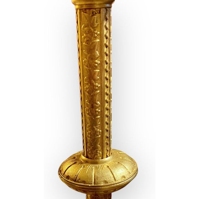 Pr. Antique French Art Nouveau Gilt Brass Alter Candlesticks For Sale - Image 9 of 17