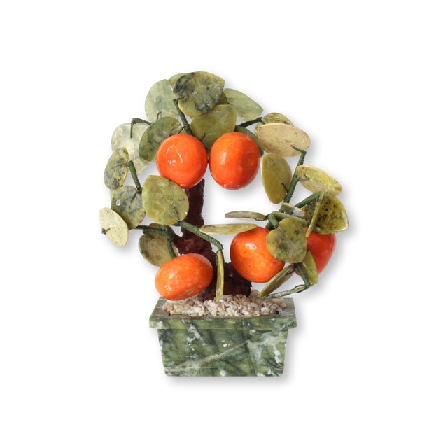 Mid-20th century Chinese bonsai sculpture featuring vibrant Mandarin oranges crafted from hardstone and leaves intricately...