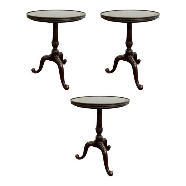 Vintage Set of 3 Cast Metal Occasional Pedestal Tables With Stone Top For Sale