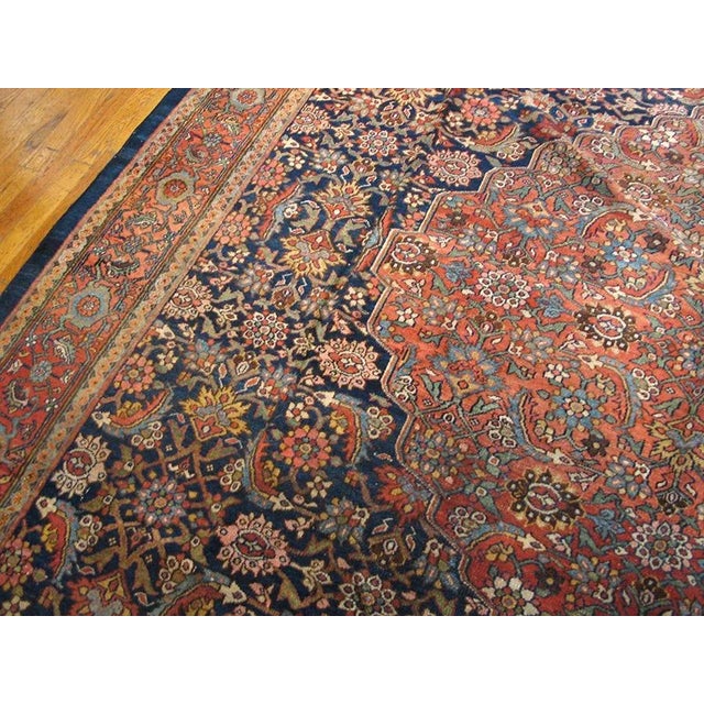 1920s 1930s Navy Blue Medallion Antique Bibikabad Rug 9' 3'' X 11' 3'' Wool Knotted Pile Carpet For Sale - Image 5 of 11