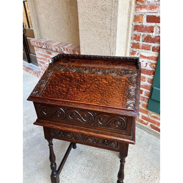 Late 19th Century Antique English Slant Front Desk Display Stand Jacobean Carved Tiger Oak Lectern For Sale - Image 5 of 18