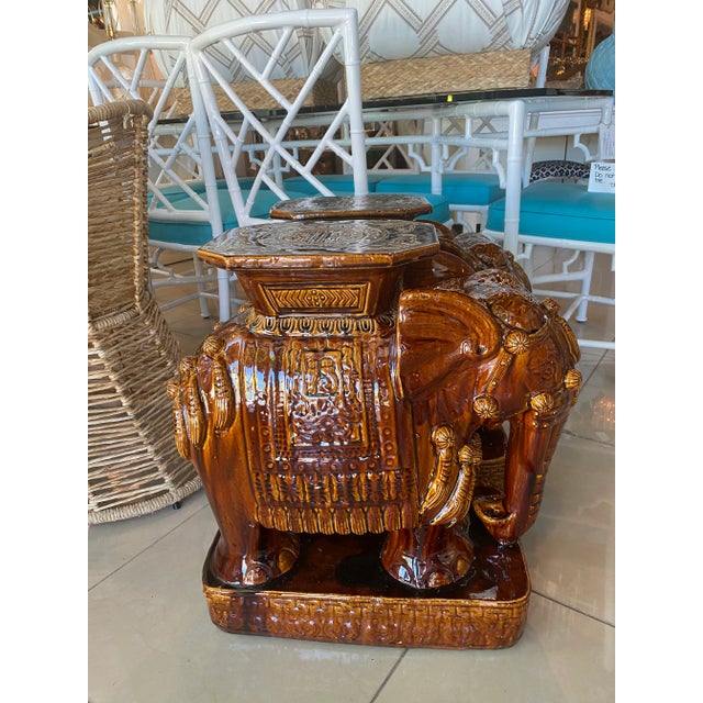 Vintage Brown Glazed Elephant Garden Stands Stools Benches Drink Tables -A Pair For Sale - Image 10 of 10