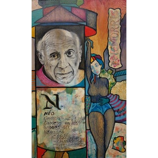 Hassan Ertugrul Kahraman, Phonecard with Morris and Picasso Column, Acrylic on Panel For Sale