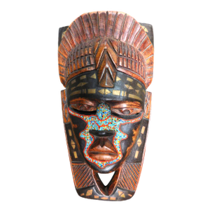 Vintage Hand Carved and Beveled Wooden African Wall Hanging Mask With Beaded Inlay.