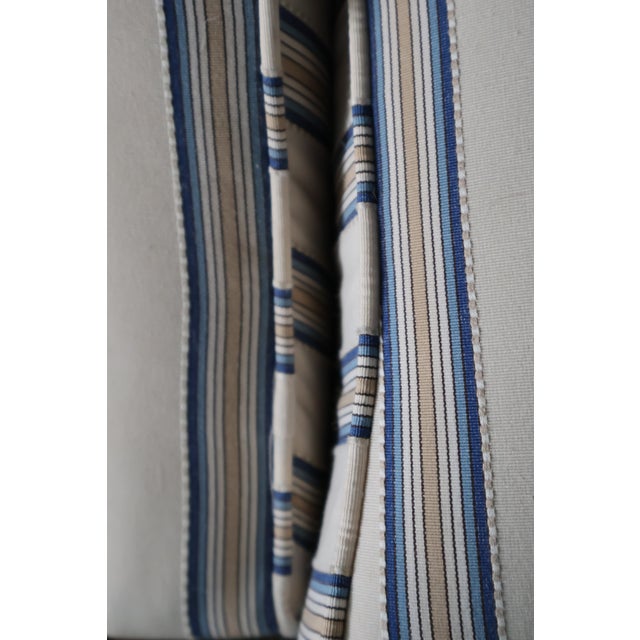 Ethan Allen Custom Camelback Sofa in Dimensional Woven Blue & Ivory Stripe For Sale In Washington DC - Image 6 of 18