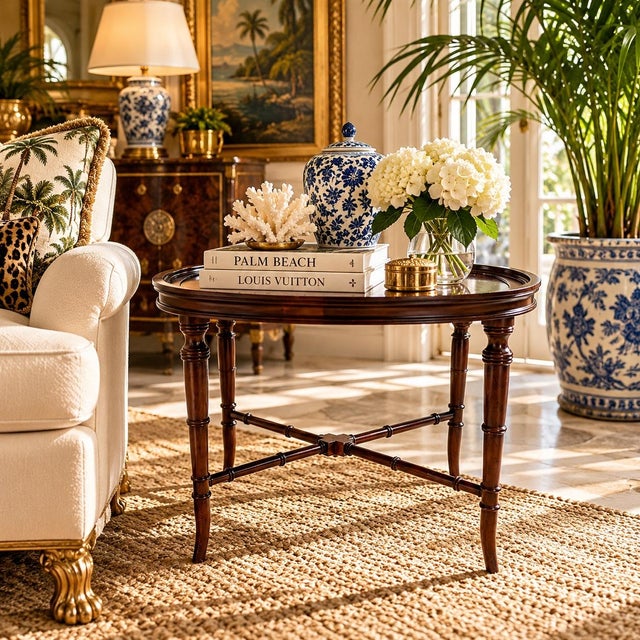 Elegant vintage faux-bamboo carved wood side table featuring an oval tray-style top with a raised molded border and a rich...