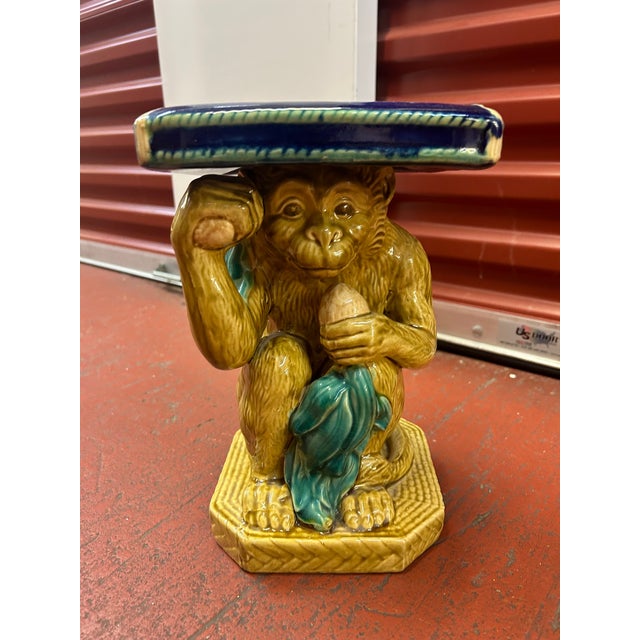 1970s Vintage Majolica Monkey Plant Stand/Garden Stool For Sale - Image 5 of 11
