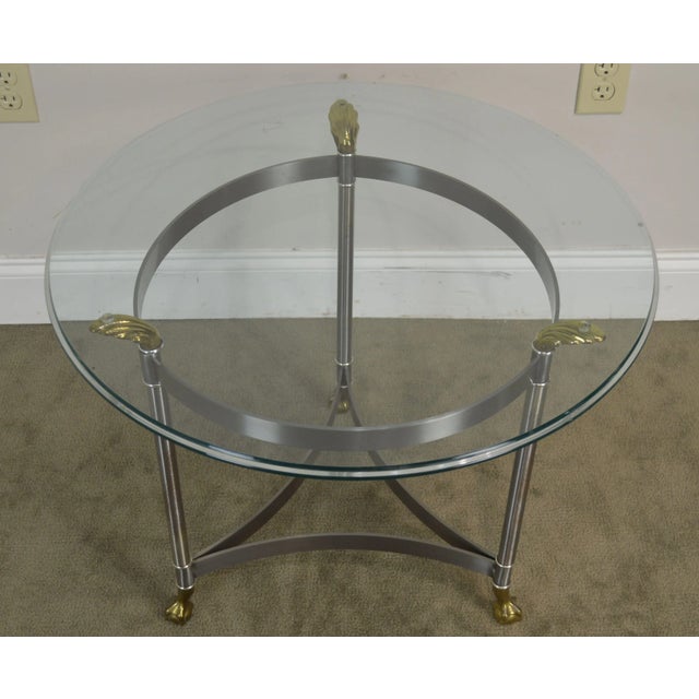 Directoire Style Brushed Steel & Brass Round Glass Top Side Table For Sale In Philadelphia - Image 6 of 13