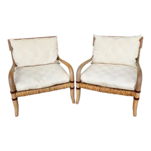 Pair of Henredon Palm Beach Coastal Rush Seat Armchairs