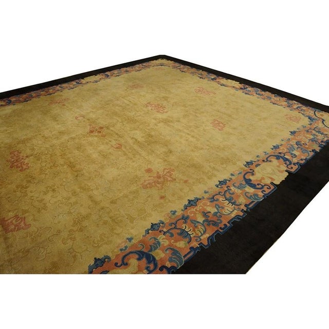 1920s Beige Open Field Floral Antique Chinese Peking Knotted Wool Room Size Rug For Sale - Image 12 of 12