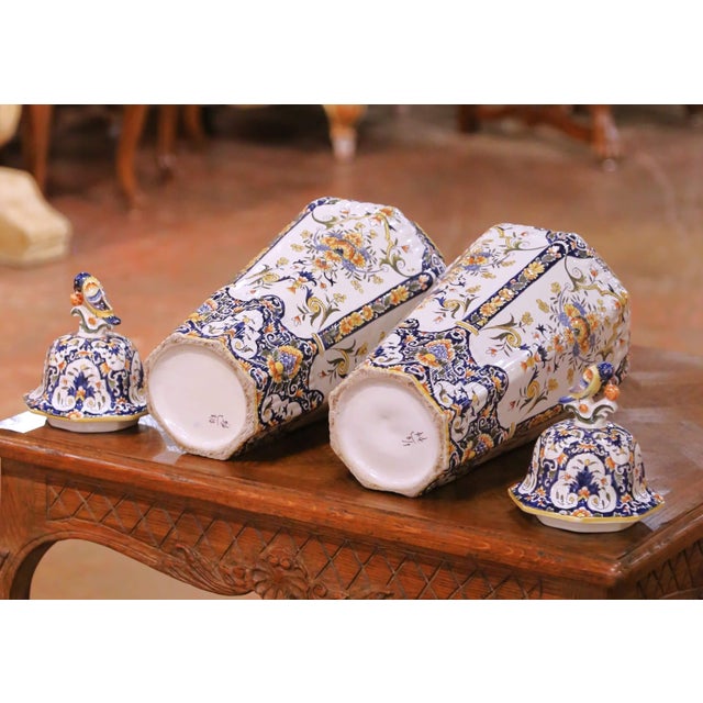 Blue Pair of 19th Century French Hand Painted Desvres Faience Vases With Lids For Sale - Image 8 of 10