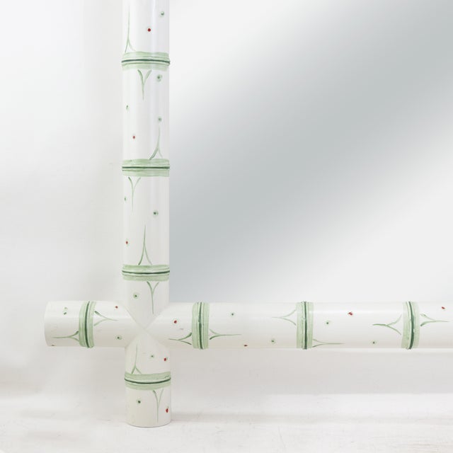 Wood Vintage French Faux Bamboo Wall Mirror Hand-Painted Light Green and White Wooden Frame For Sale - Image 7 of 9