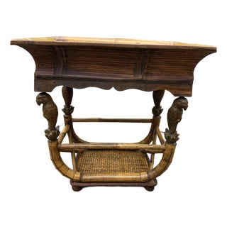 Rare Vintage Bamboo Side Table With Carved Parrot Corner Supports For Sale