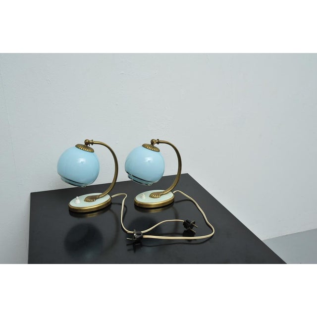 Bedside Lights with Blue Glass and Bronze Feet, Set of 2 For Sale - Image 3 of 14