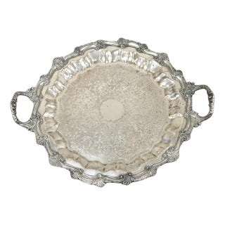 Vintage Victorian Style Silver Plated Scalloped Edge Round Serving Platter Tray For Sale