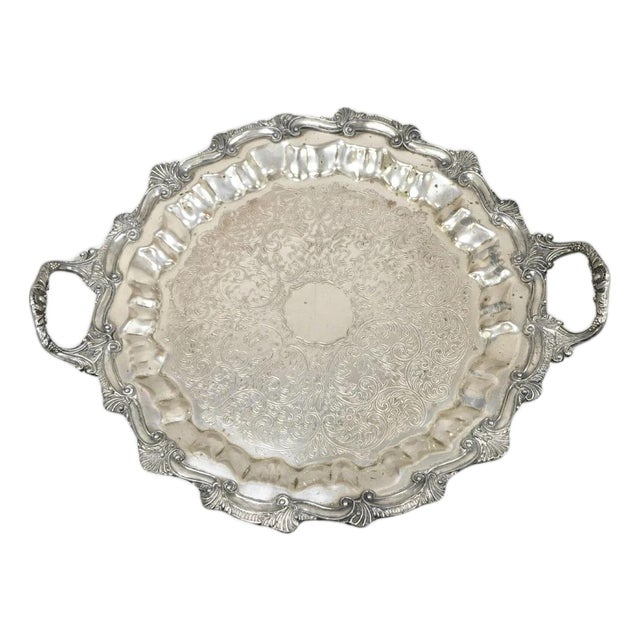 Vintage Victorian Style Silver Plated Scalloped Edge Round Serving Platter Tray For Sale