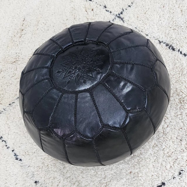 Black Handcrafted Moroccan Black Leather Pouf Cover – Genuine Goat Leather Ottoman, Hand-Stitched Marrakech Artisan, Minimalist Boho Decor For Sale - Image 8 of 8