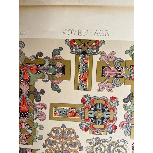 Beautiful antique French chromolithograph depicting medieval decorative ornament from the Gothic period. Titled Moyen-Age...