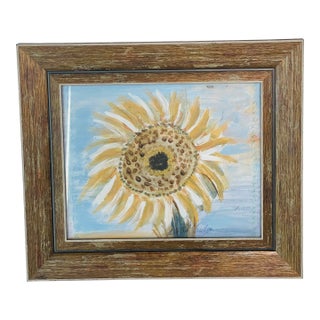 1970s Abstract Sunflower Painting Artist Signed in Dark Rustic Frame For Sale