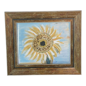 1970s Abstract Sunflower Painting Artist Signed Rustic Frame