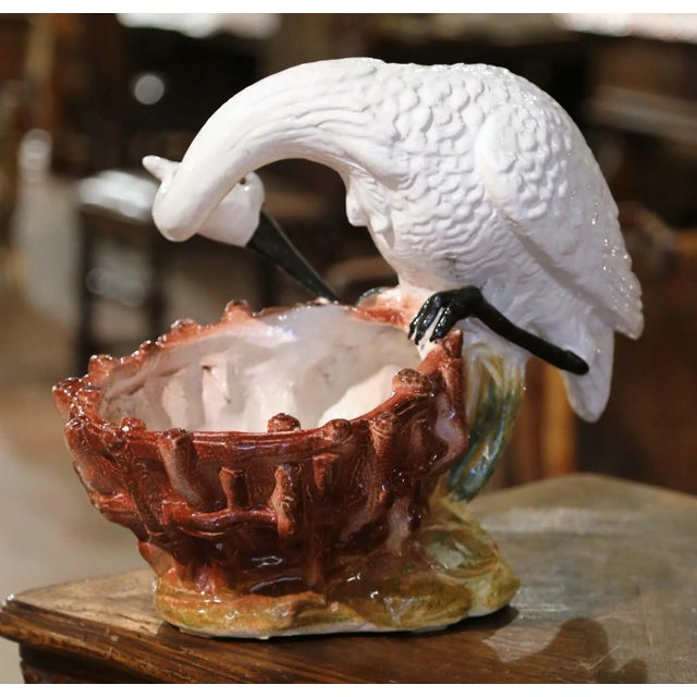 Mid 20th Century Mid-Century Italian Majolica Swan Cachepot Planter With Barbotine Decor For Sale - Image 5 of 10