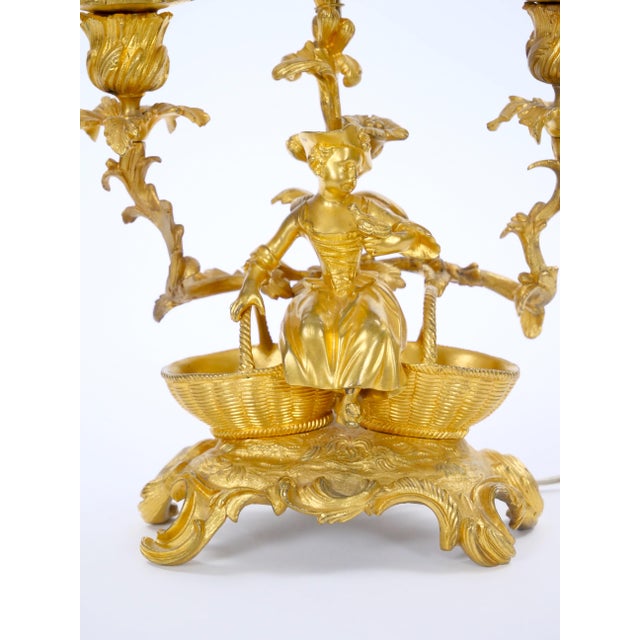 Metal French Pair of Gilt Bronze Louis XVI-Style Three-Light Candelabra Table Lamps For Sale - Image 7 of 15