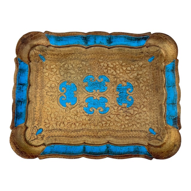 1970s Italian Florentine Blue and Gold Tray For Sale