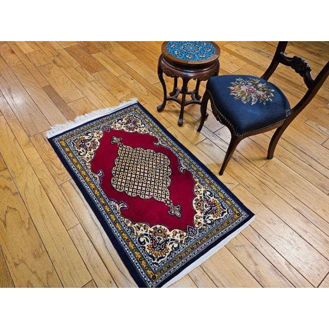 Vintage Qum Area Rug, Hand-Knotted Wool, Geometric Medallion Pattern, 3x5, Red & Navy For Sale In Chicago - Image 6 of 18