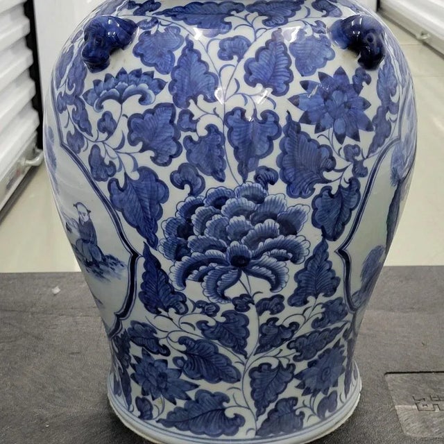 Blue 20th C Blue and White Ginger Jar With He-He Twins For Sale - Image 8 of 11