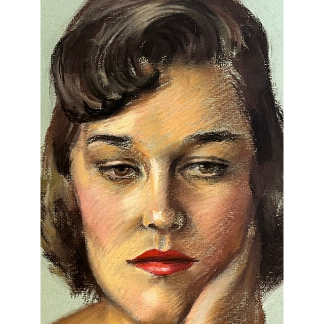 Beautiful original pastel of a young woman. Creamy white French Provincial style frame and double mattes. Young woman is...