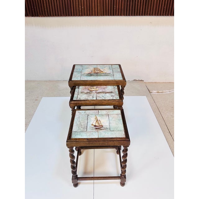 Nesting Tables with Hand-Painted Ceramic Tiles and Barley Twist Legs, Sweden, 1930s, Set of 3 For Sale - Image 11 of 18