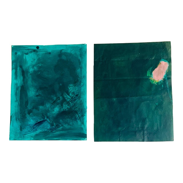 1970s Moody Abstract Dyptich in Phtalo Green on Paper Signed For Sale