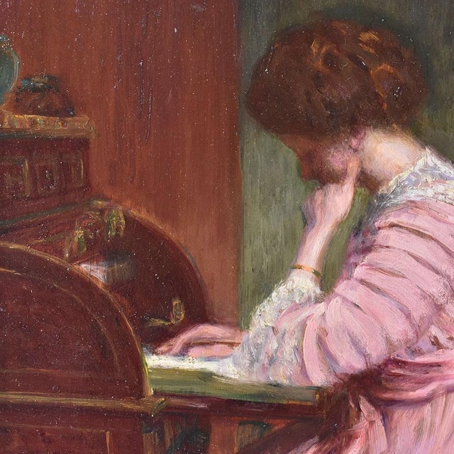 Henri-Charles Angéniol, Young Woman Reading, Oil on Wood, 20th Century, Framed For Sale - Image 4 of 9