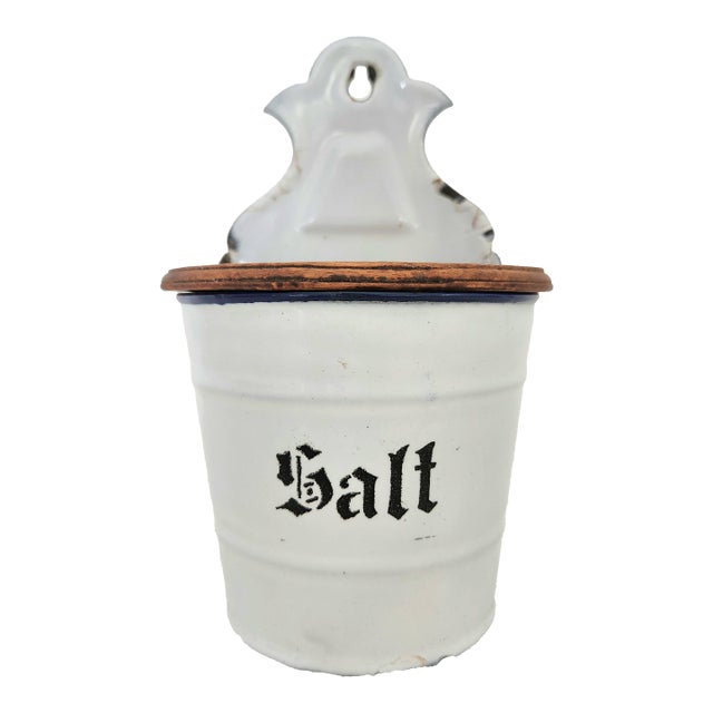 Vintage German Enamel Salt Box Cellar For Sale