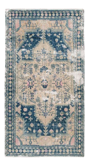 1950s Vintage Persian Heriz Ivory and Blue Shabby Chic Wool Rug