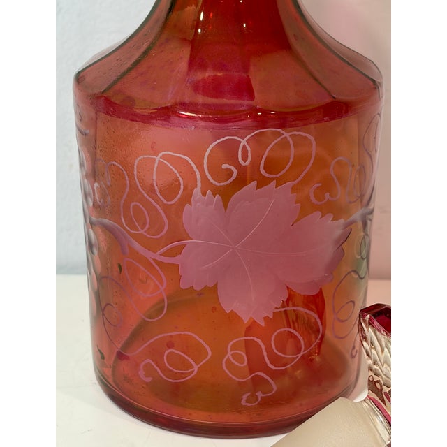 1950s French Cranberry Red Cut to Clear Glass Decanter Bottle With Stopper With Grape Detailing For Sale In New York - Image 6 of 9