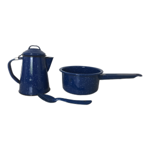 Splatterware Enamelware Camping Set - Coffee Pot, Saucepan & Spoon