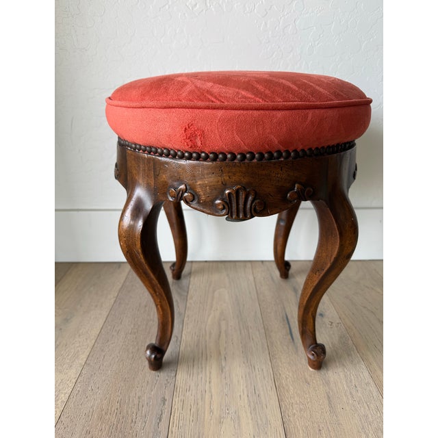 Wood Vintage Baker Furniture Louis XV Style Carved Walnut Vanity Stool For Sale - Image 7 of 9
