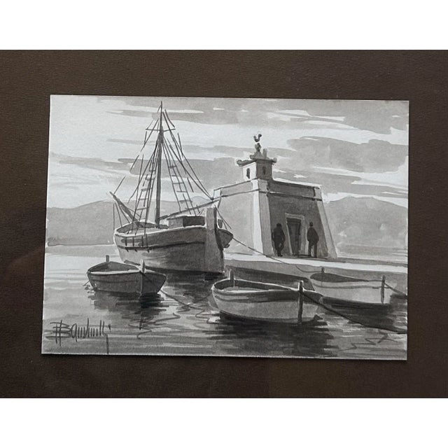 Paint Vintage 1960’s Black & White Watercolors of Various Fishing Boats ~ Framed Set of 7 For Sale - Image 7 of 11