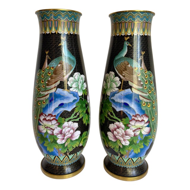 Pair of Asian Cloisonné Peacock and Peony Vases For Sale