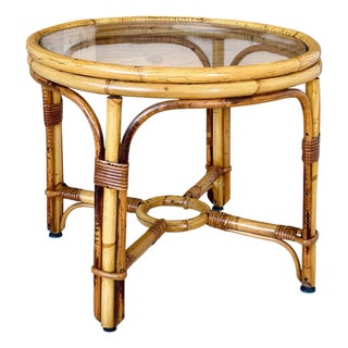 Vintage Round Rattan Side Table With Custom Glass Top For Sale