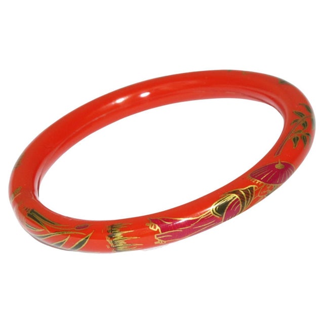 Art Deco Art Deco Red Celluloid Bracelet Bangle With Asian-Inspired Design For Sale - Image 3 of 6